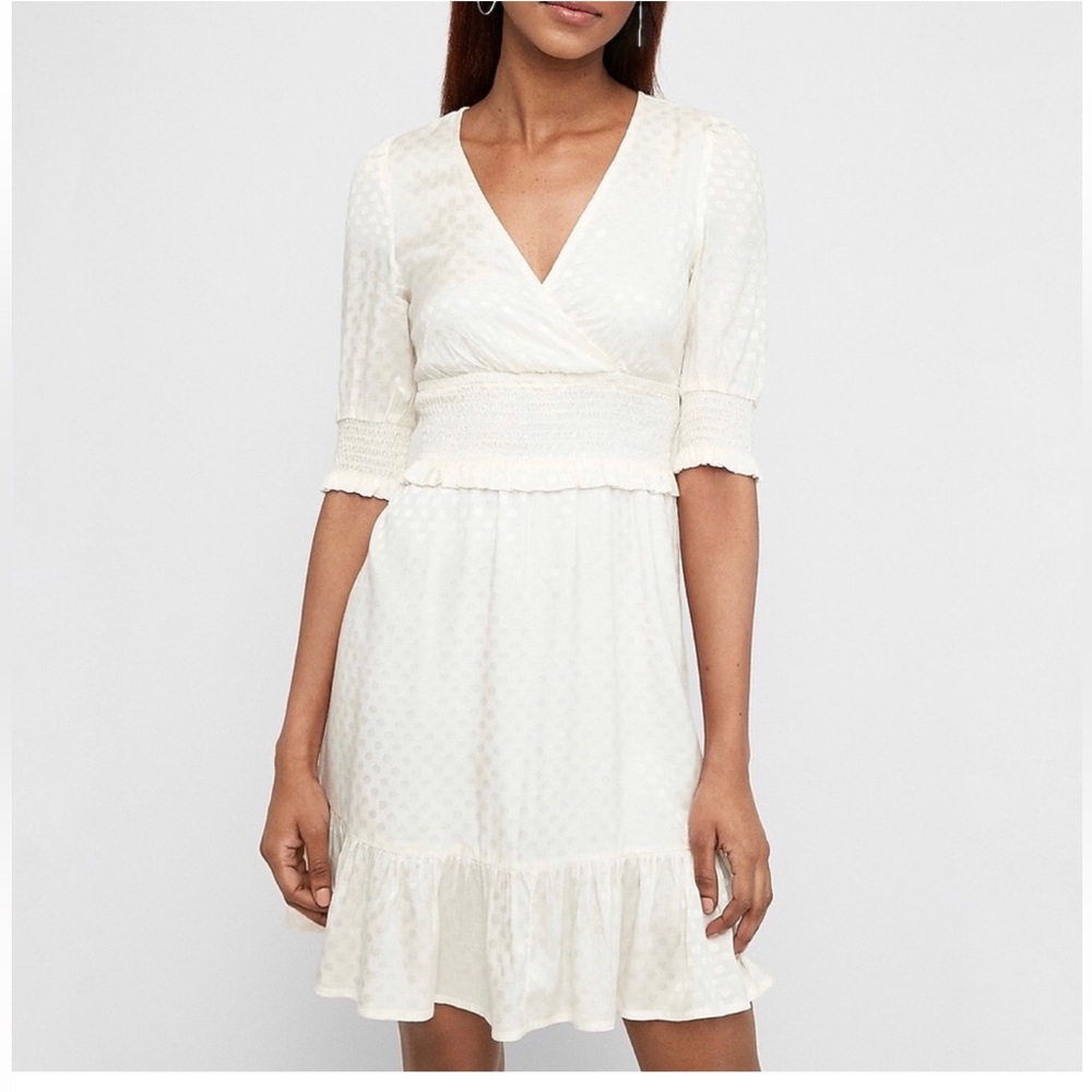 Express Cream Midi Sundress with V-Neck and Cuffed Sleeves